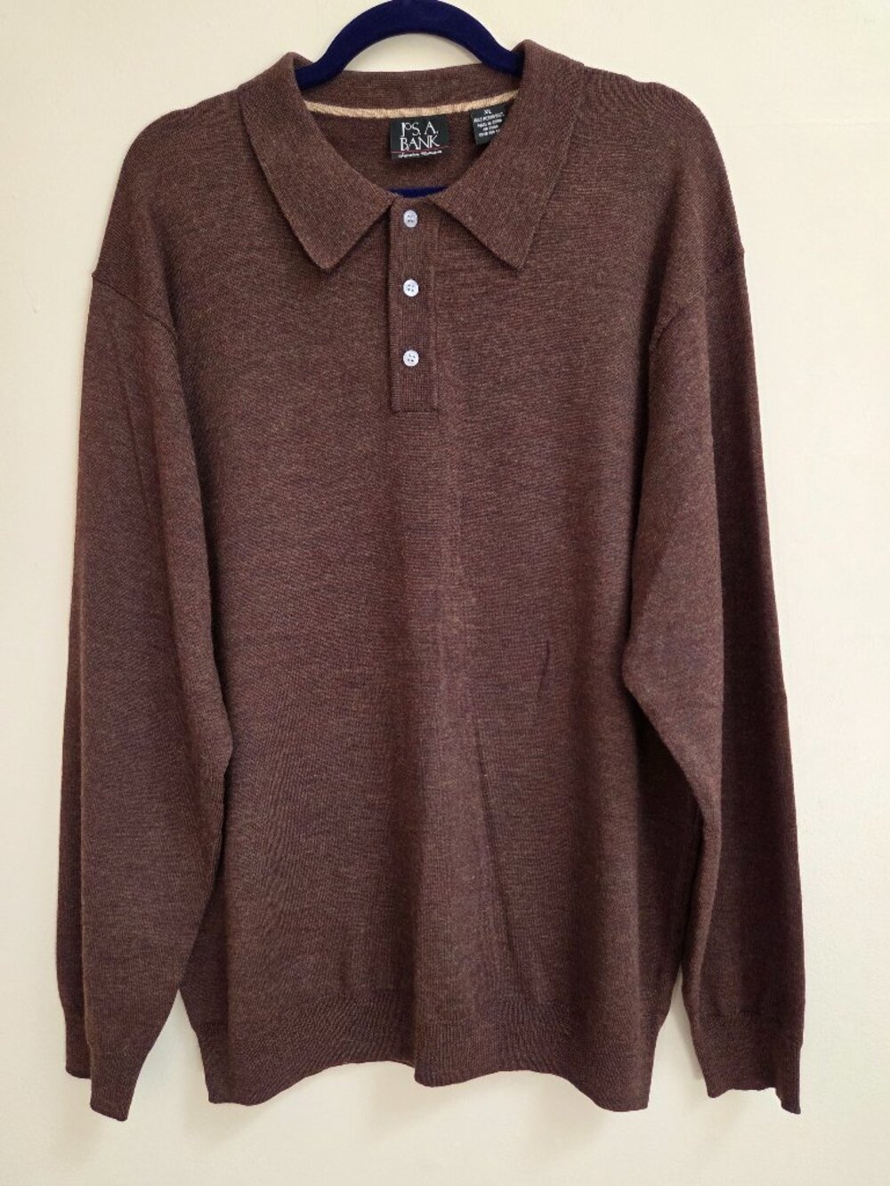 Jos A Bank Signature XL Polo Shirt Sweater 100% Merino Wool Long Sleeve Brown